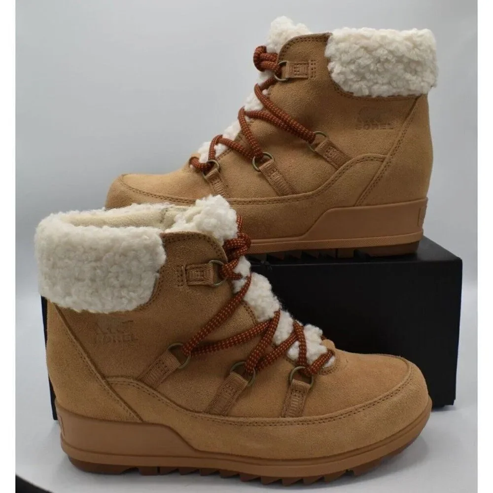 Sorel‎ Womens Size 9.5 Evie Cozy Lace-Up Wedge Tawny Buff Suede Waterproof Boots